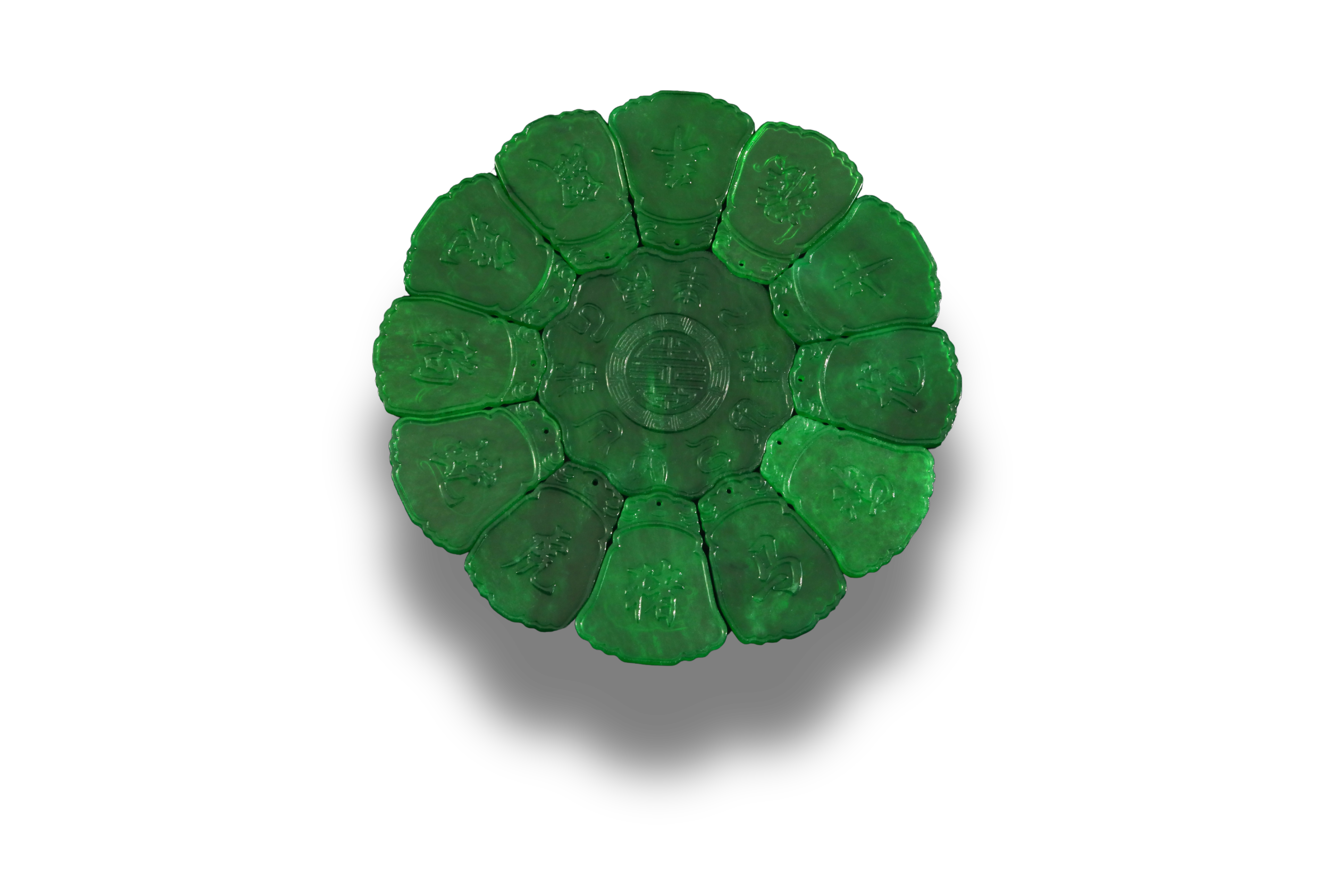 Jadeite zodiac set with twelve carved jade animal figures, Qing dynasty China 1800s