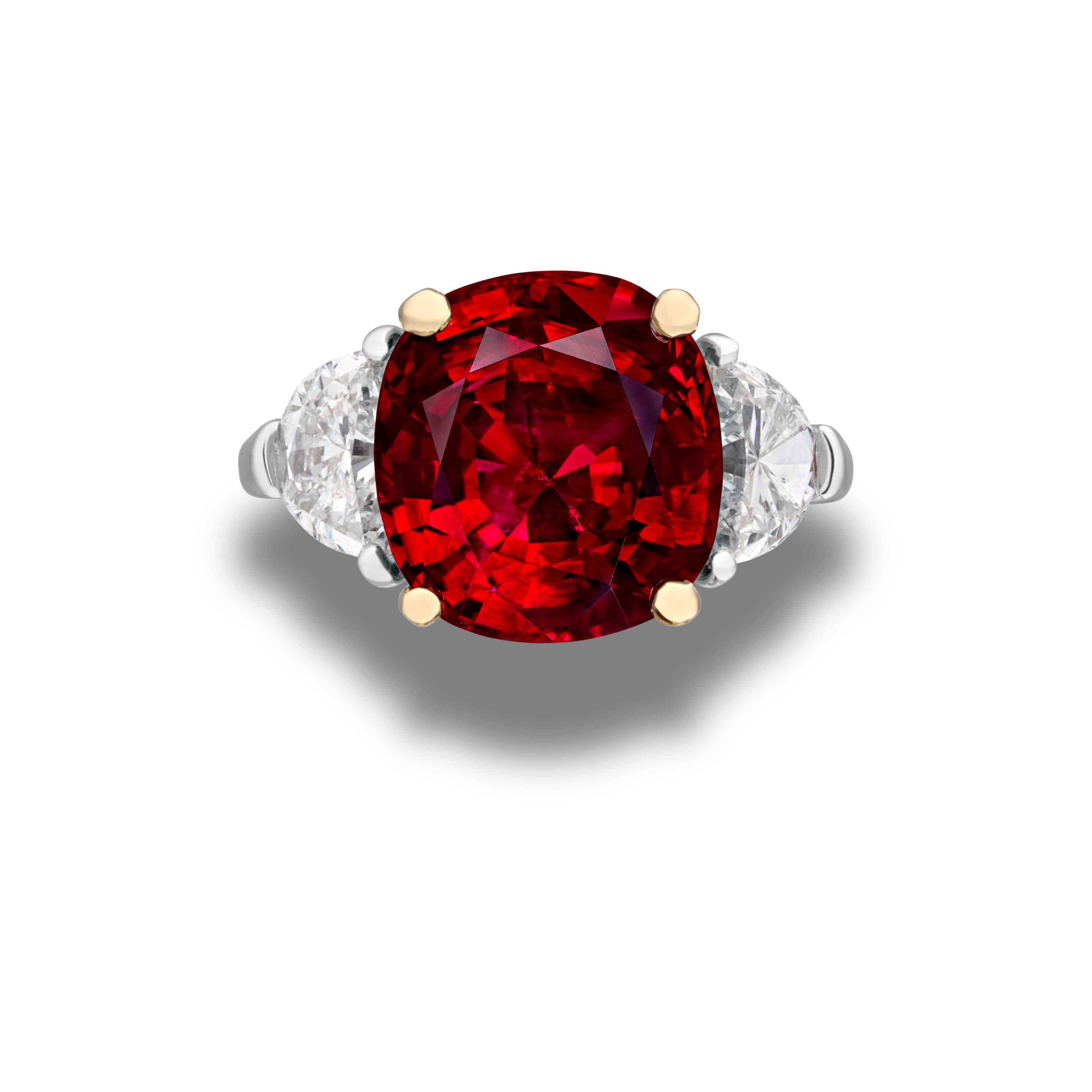 Natural unheated Burmese ruby ring with triangular diamond side stones