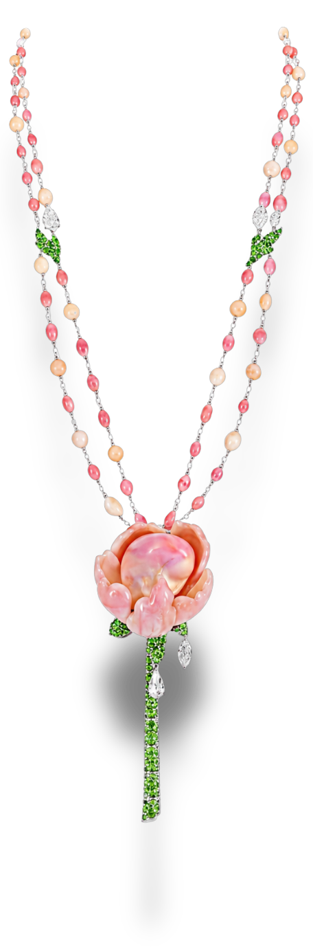Conch pearl, pink opal and diamond necklace — carved pink opal flower pendant on tsavorite garnet stem, double-strand pink opal and conch pearl bead chain