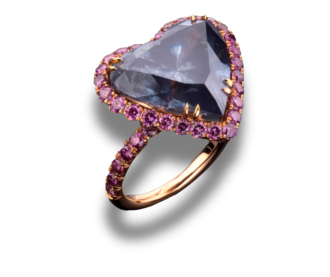 Natural fancy coloured diamond ring with heart-shaped centre stone